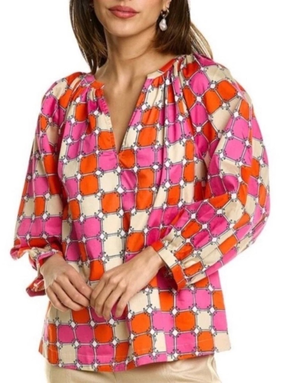 Trunk Turk Pink & Orange Geometric Blouse 100% Organic Cotton